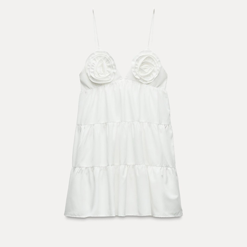 Zara White Spaghetti-Strap Slip Dress with Rosette Cups